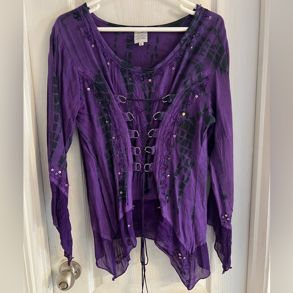 Purple Gothic Style Top with Bell Style Sleeves, Lace-up Front; Women’s L.